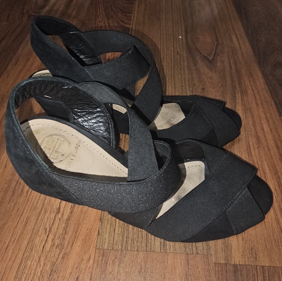 Tory Burch Black Debbie Wedge Suede Strappy Heels Size 7 1/2 - Picture 2 of 13